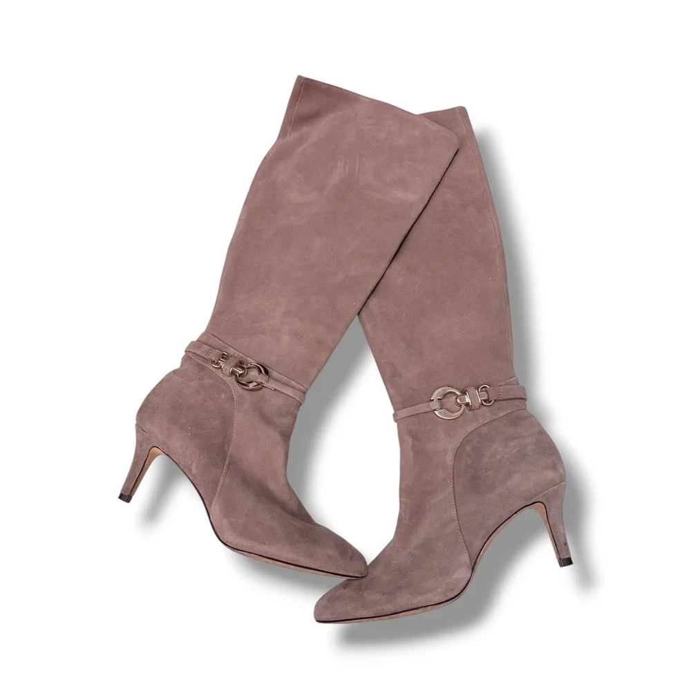 Antonio Melani Taupe Suede Knee High Boots with Gold Buckle Accent Size 6M
